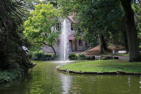 Foto: Blick auf den Teich mit Wasserfontäne im Verna-Park, rundherum sind Bäume zu sehen. Im Hintergrund sieht man die Alte Mühle.)