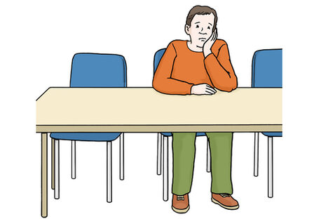 Grafik: Mann sitzt mit traurigem Gesicht an einem Tisch und stützt den Kopf mit einer Hand