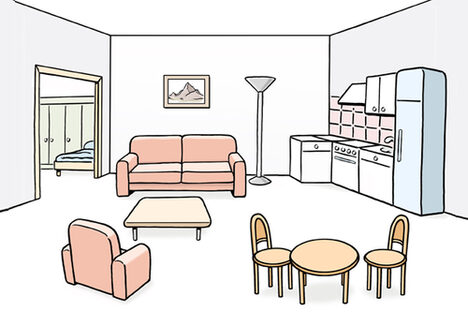 Grafik: Möbelierte Wohnung mit Sofa, Kochnische, Tisch und Stühle