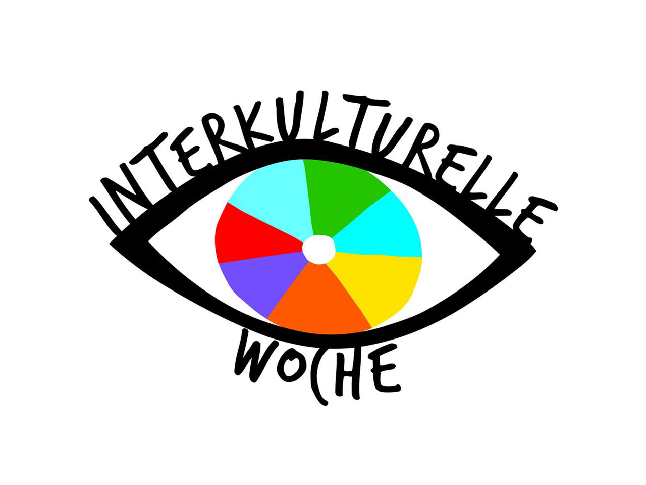 Augen-Grafik mit einer bunten Iris und schwarzem Schriftzug mit "Interkulturelle Woche"